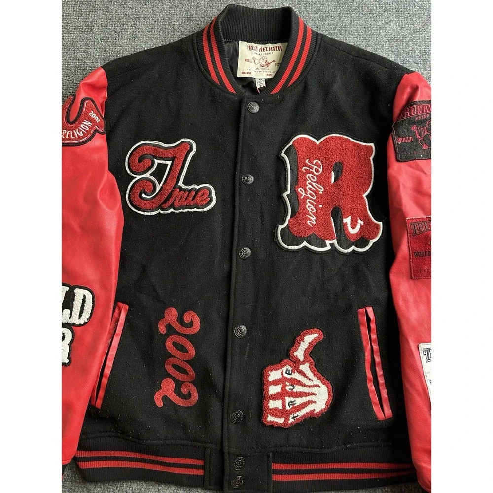 Mens True Religion World Tour Varsity Jacket Black Red Patches, Size 2XL